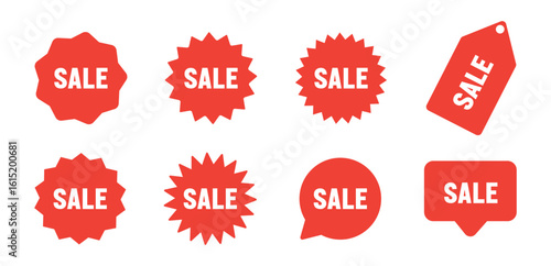 A set of red sale tags with the word "sale" printed on each tag. For promotional materials, discounts, marketing campaigns, and retail advertising. These price tags come in various shapes and styles.