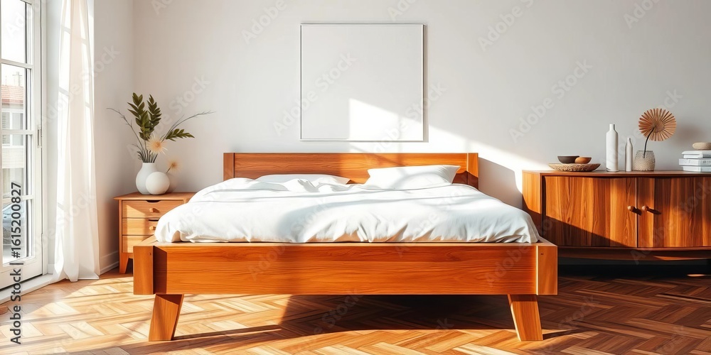 custom made wallpaper toronto digitalClose-up of a modern boho bed, wood and white, blank poster, parquet floor, sideboard, sunlight,  bed,  design