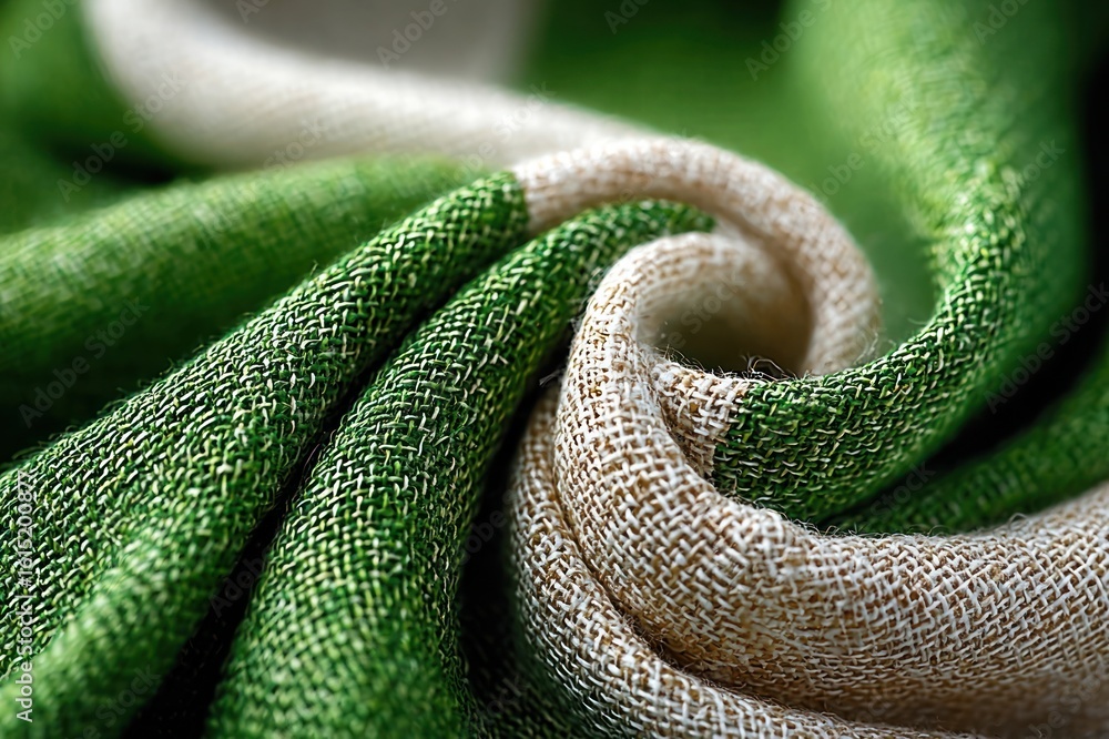 Fototapeta premium green and white flag waving with fabric texture, copy space on the right