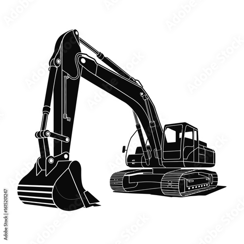 Black silhouette of a powerful crawler excavator. Vector illustration of heavy construction machinery isolated on a white background.