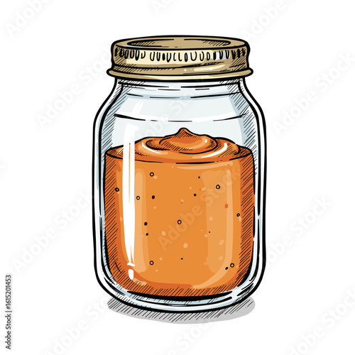 Jar of orange pumpkin puree in glass container with lid  