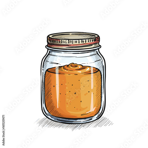 Glass jar filled with creamy pumpkin puree on white background  