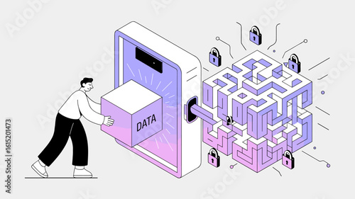 developer securing information with data encryption process vector illustration, data anonymization and information privacy
