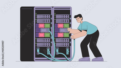 it specialist connecting cables to server rack vector illustration, server architecture, data center management and network virtualization