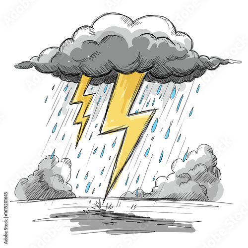 Thunderstorm with clouds, rain, and lightning in sketch style  