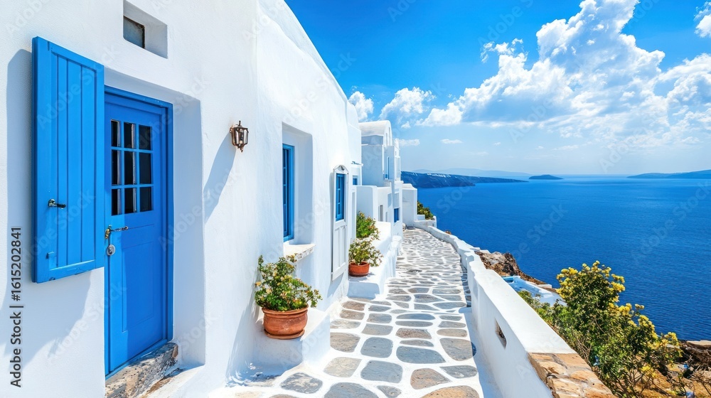 Fototapeta premium Whitewashed buildings, blue doors, overlooking sea