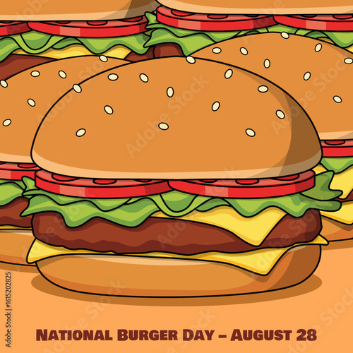 National Burger Day to celebrate in August. Burgers filled with cheese, vegetables, tomatoes, and meat on a beige background. Food event banner.