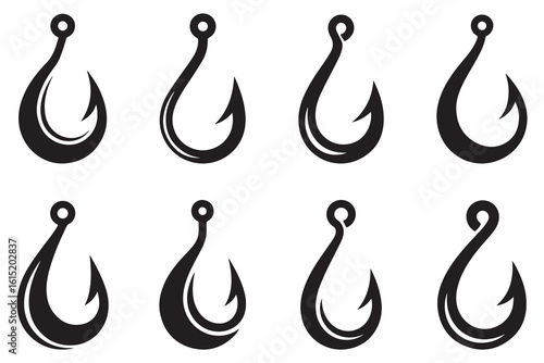 Fishing Hook Icon Set – Black Vector Fish Hooks Collection