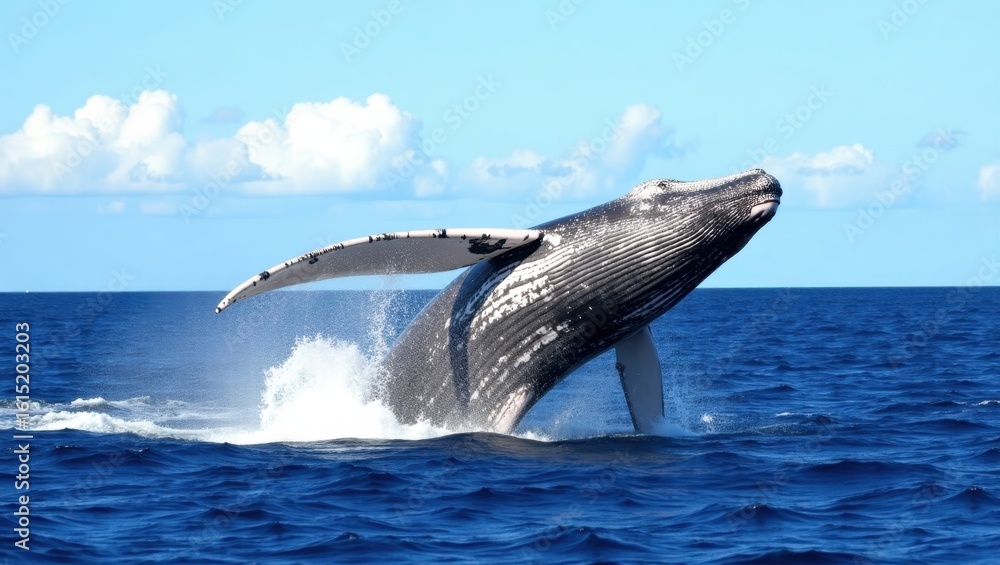 Fototapeta premium Humpback whale breaches in the ocean.