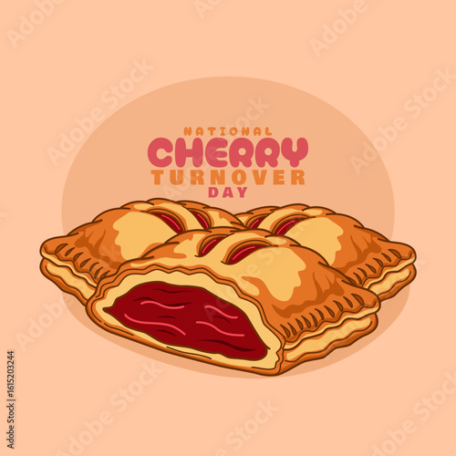 National Cherry Turnover Day to celebrate on August 28th. Tasty and sweet hand pie with fruit filling and cherry sauce on beige background. Dessert event banner.