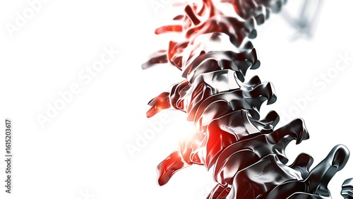 3D human spine with highlighted red pain points. Medical illustration of back injury, discomfort, and vertebral issues.