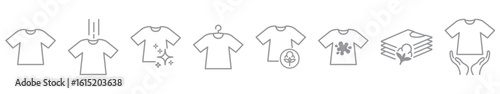 Cotton T-shirt icons set with instructions of laundry self service isolated on transparent background. Set of Clean and dirty t-shirts linear icons. Lingerie line icons. Cotton icon. Editable Stroke.
