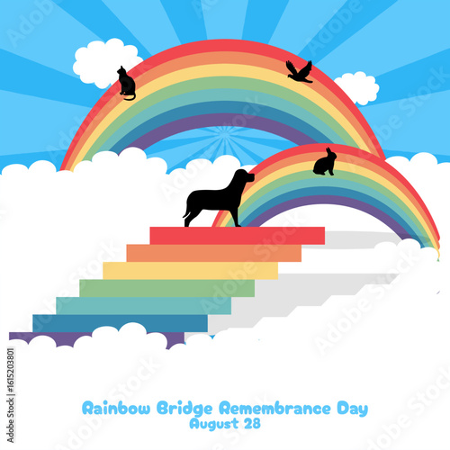 Rainbow Bridge Remembrance Day is celebrated on August 28th. Illustration depicts pets climbing a rainbow staircase above the clouds. The concept is to remember beloved pets who have passed away.