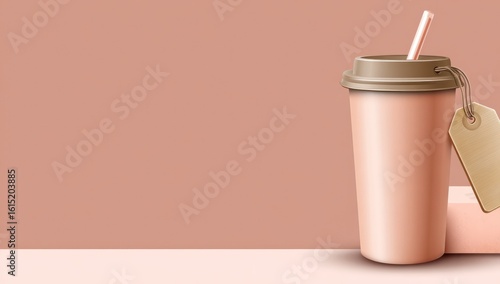 Pale rose-colored cup with a straw and tag, right of frame.  Cup sits on a similar-colored base. Background a soft peach tone. Simple, minimalist