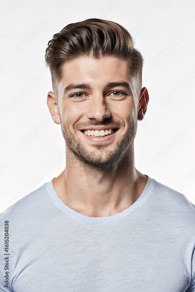 Obraz premium Handsome Man's Portrait: A charismatic individual with a confident gaze and a warm, engaging smile, this portrait encapsulates youthful energy, embodying vitality and approachability.