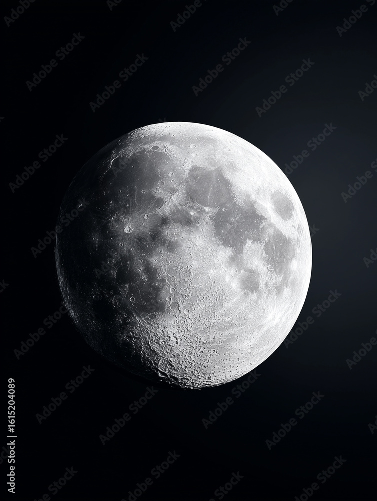 Naklejka premium Detailed close up of the moon’s surface against a dark night sky.