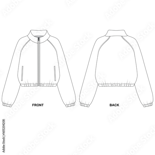 Blank template for windbreaker jackets with zippers and pockets, vector. Sketch of a basic windbreaker with a high collar and zipper, front and back views.