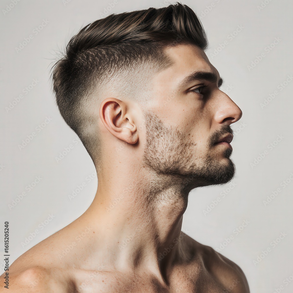 Obraz premium Portrait of a Confident Man: A striking profile of a man with a stylish haircut, showcasing strength, confidence, and a modern, clean aesthetic.