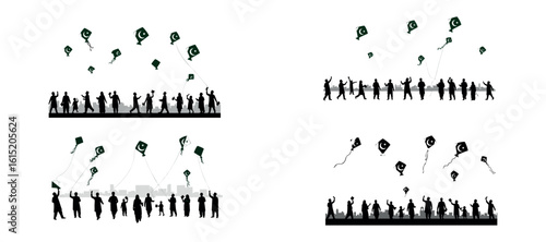 Silhouette of Kite Flying Event – Pakistan Independence Day Vector with People and Flags

