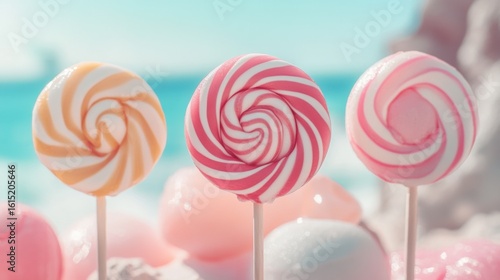 Three colorful pink swirl lollipops on dreamy pastel background for sweet candy fantasy childhood theme