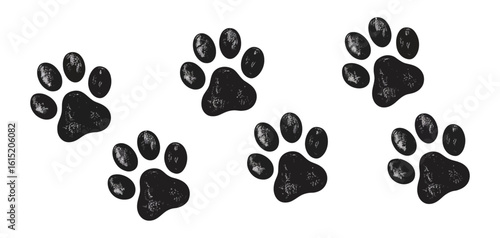 Dog paw print, cat foot grunge icon, animal sketch path. Bear, panda step texture. Tiger stamp foot track. Black silhouettes isolated on white background. Cartoon vector Design




