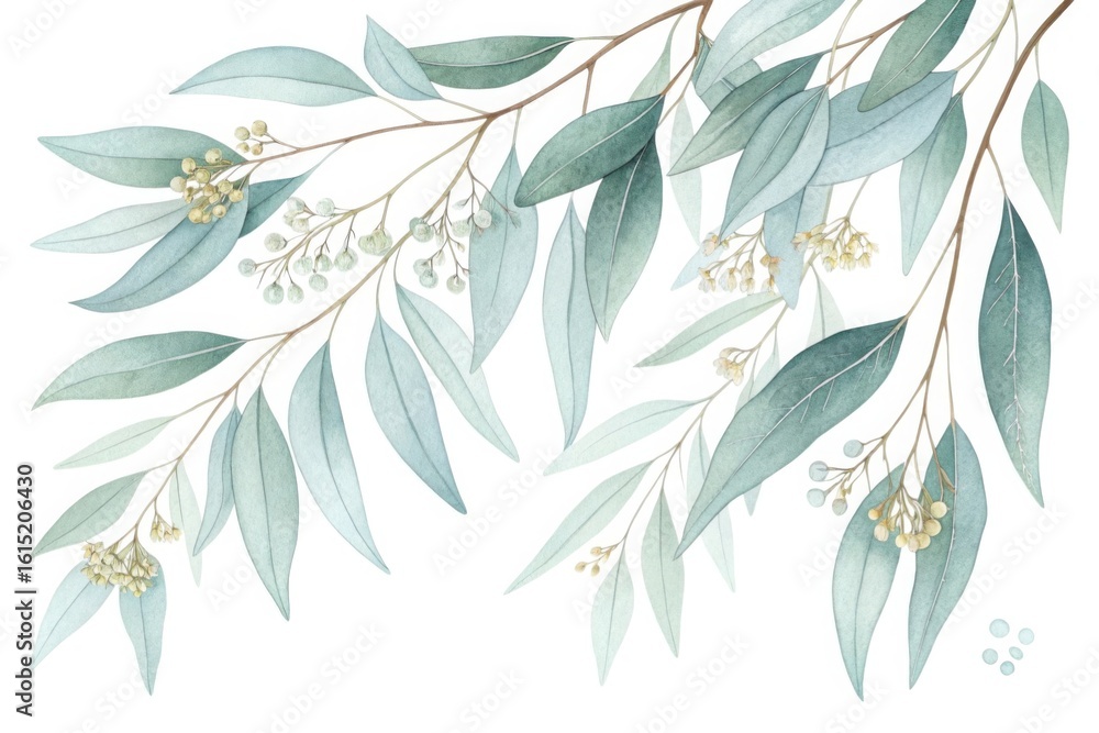 Fototapeta premium Delicate watercolor eucalyptus branches with subtle blooms