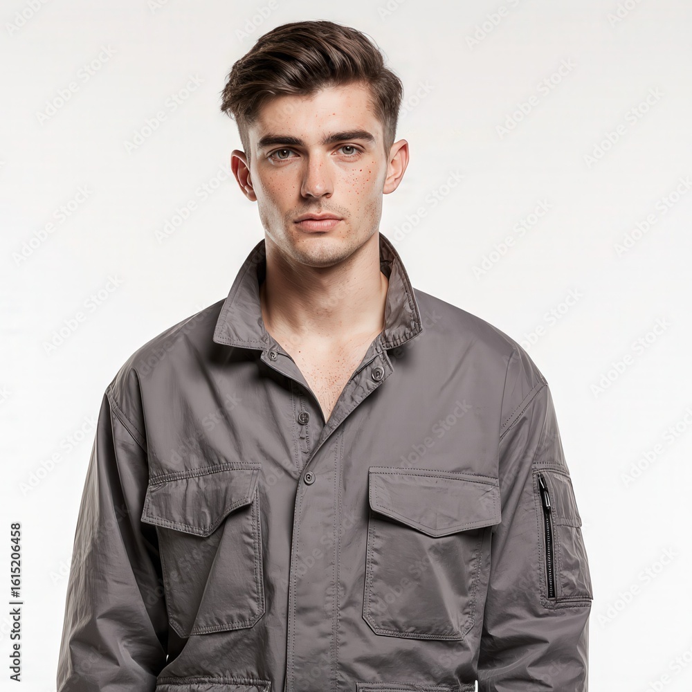 Obraz premium Stylish Individual in Grey Jacket: A striking portrait of a fashionable person posing in a stylish grey jacket. This image captures the essence of contemporary fashion and sophisticated simplicity.