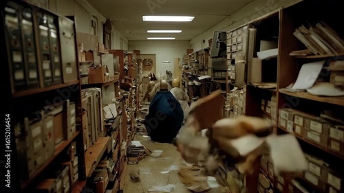 
AI-generated 4K cinematic scene featuring figure in cluttered storage room with shelving and warm lighting effects. Organized chaos atmosphere creates dramatic indoor warehouse environment
