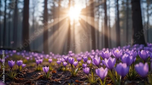 Enchanted Forest at Sunrise with Blooming Crocus Flowers and Sunbeams