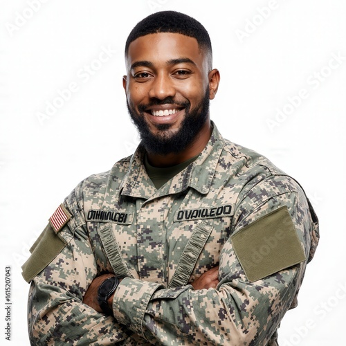 Smiling Soldier: A close-up of a smiling individual in military uniform, showcasing his strong character and dedication. He exudes an air of confidence.