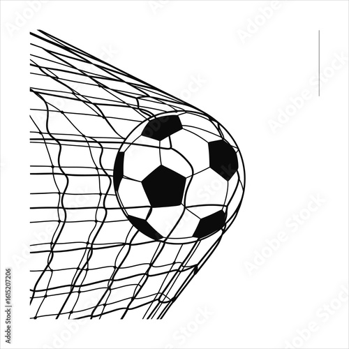 Black and white vector illustration of a soccer ball scoring a goal, hitting the back of the net with force.