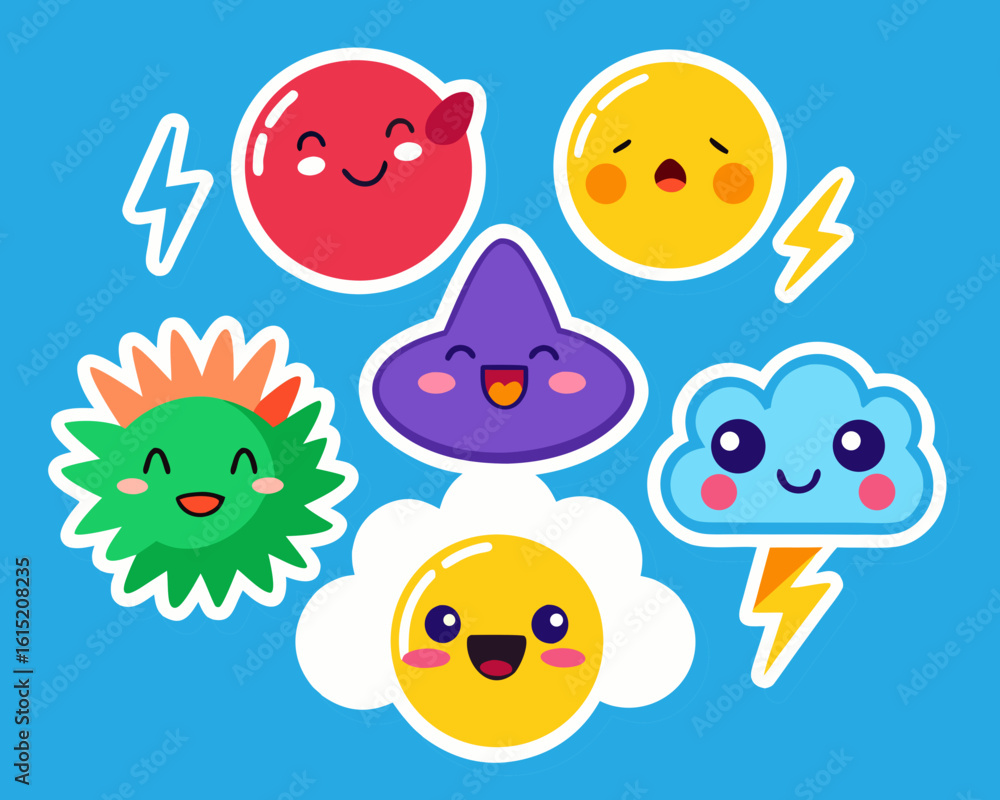 Naklejka premium Cute Kawaii Weather and Nature Elements Cartoon Stickers Set