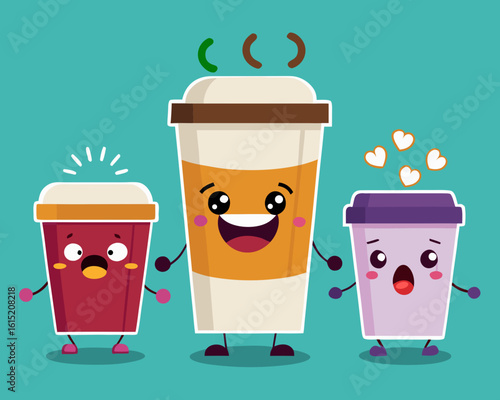 Cute Cartoon Coffee Cups Characters with Different Emotions Illustration