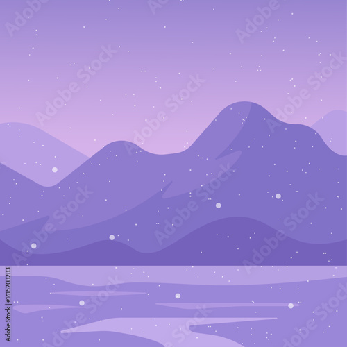 Flat vector winter landscape with snowy hills, frozen lake, and distant mountains under falling snow. Minimal and tranquil night scene in purple tones, ideal for seasonal backgrounds and web design.