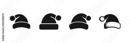 Set of red Christmas hats, Black Silhouette Vector Illustration.