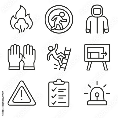 High-Risk Industry Icons. Outline style icons of High-Risk Industry Drill: gas leak symbol, confined space entry, chemical suit,