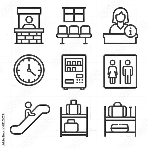 Train Station Icons. Line style icons of train station interiors: ticket counter, waiting area, seating row, information desk,