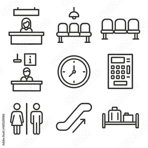 Train Station Icons. Line style icons of train station interiors: ticket counter, waiting area, seating row, information desk,
