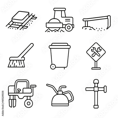 Trackside Maintenance Icons. Outline style icons of trackside facility maintenance: rail patch, ballast spreader, track aligner,