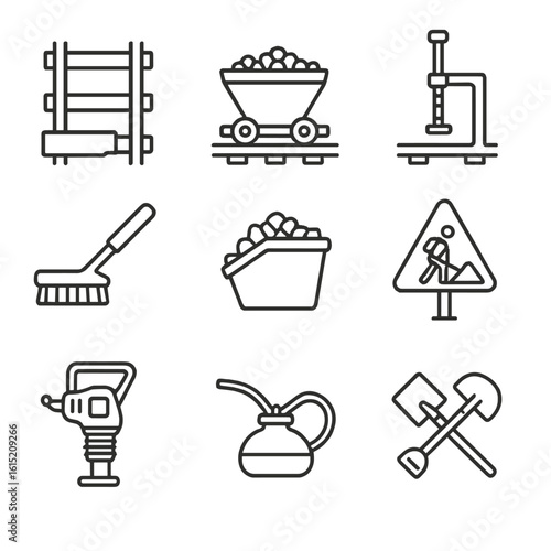 Trackside Maintenance Icons. Outline style icons of trackside facility maintenance: rail patch, ballast spreader, track aligner,
