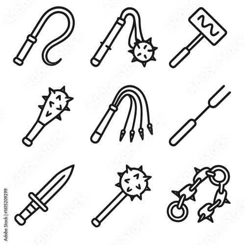 Torment Implements Icons. Outline style icons of torment implements tools: whip, flail, branding iron, spiked club, scourge,