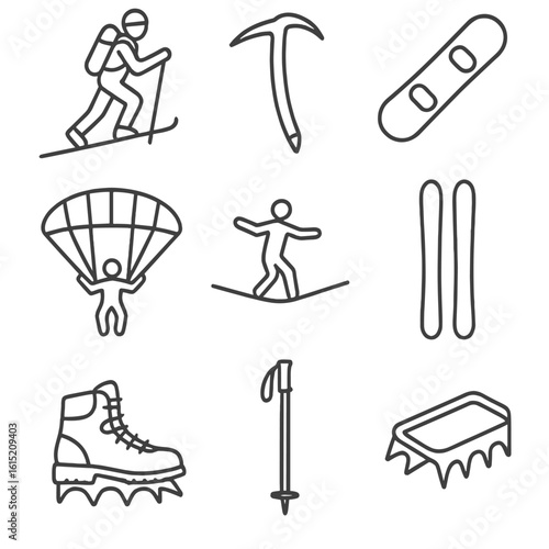 Mountain Sports Icons. Line style icons of Mountain Sports: ski touring, ice climbing pick, snowboarding board, paragliding wing,