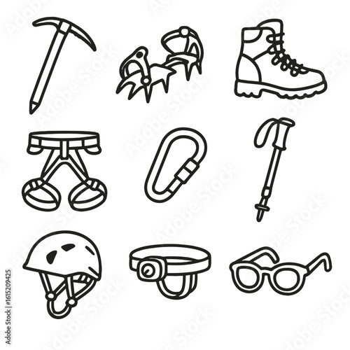 Mountaineering Gear Icons. Line style icons of Mountaineering Gear: ice axe, crampon, mountaineering boot, climbing harness,