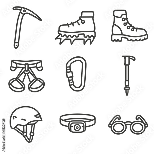 Mountaineering Gear Icons. Line style icons of Mountaineering Gear: ice axe, crampon, mountaineering boot, climbing harness,