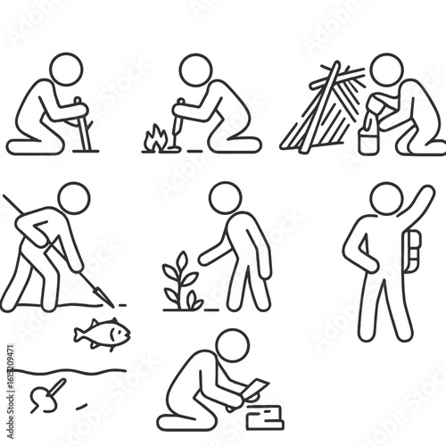 Bushcraft Silhouette Icons. Outline style icons of Survival and Bushcraft Silhouette: carving stick pose, fire-starting figure,