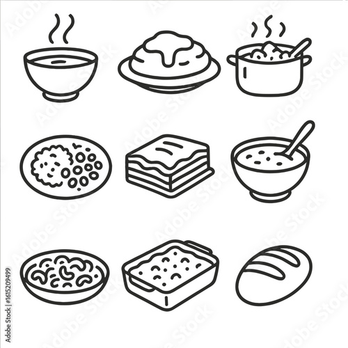 Comfort Food Icons. Outline style icons of Comfort Food Dishes: steaming soup bowl, mashed potatoes with gravy, hearty stew pot,