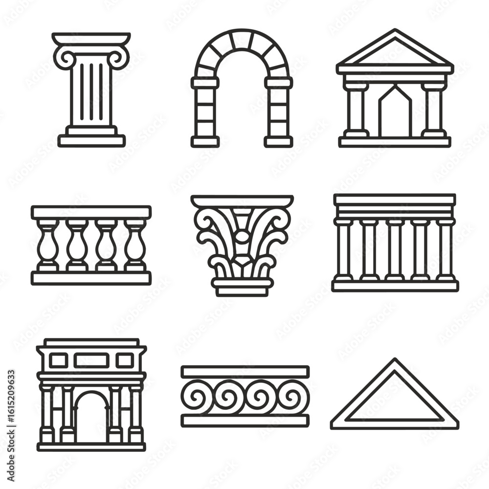 Fototapeta premium Classical Architecture Icons. Outline style icons of Classical Architecture: Greek column, Roman arch, temple pediment, stone