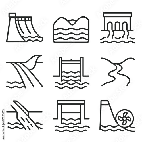 Dam and Water Icons. Outline style icons of Dam and Water Source Icons: dam wall icon, lake reservoir, upstream intake, river