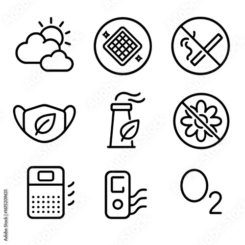 Air Quality Icons. Outline style icons of Air Quality Protection: clean sky icon, air filter badge, no smoke sign, AQI monitoring