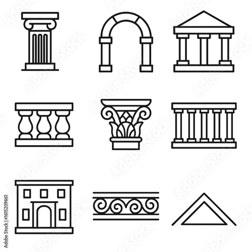 Classical Architecture Icons. Outline style icons of Classical Architecture: Greek column, Roman arch, temple pediment, stone